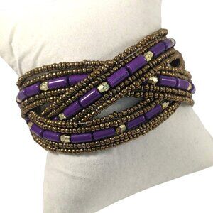VTG Bohemian Purple Antiqued Gold Tone Braided Beaded Cuff Bracelet
